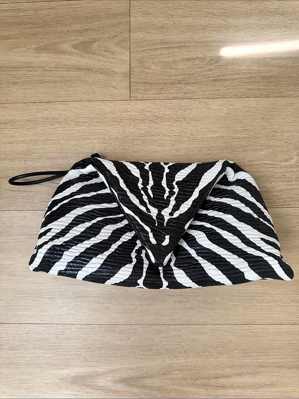 Bottega Veneta BV Trine The Pouch Clutch Zebra Print Black & White